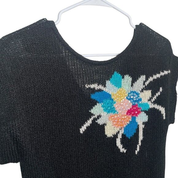 Knit Knacks Sweater Women's XS Black Floral Pullover Vintage Short Sleeve - Picture 2 of 8
